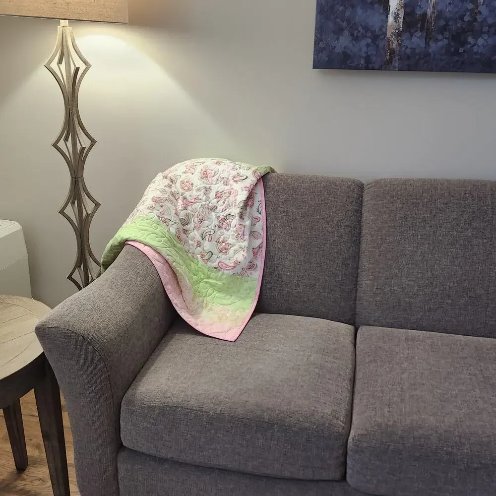Handmade, New Lap quilt Pastel green, pink, white 39X40